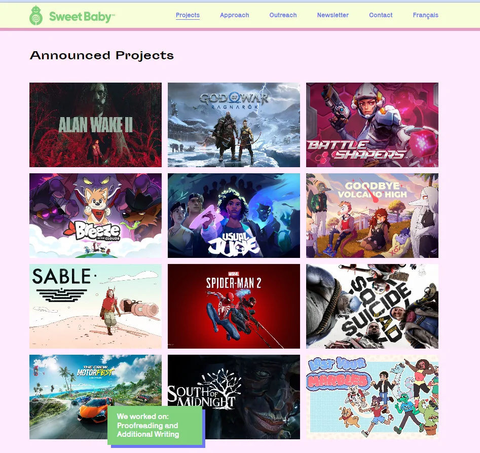Sweet Baby Inc. é acusada de afundar mais um jogo: South of Midnight perde jogadores após um mês 4 Uma captura de tela do site da Sweet Baby Inc. listando uma série de jogos nos quais a empresa trabalhou.