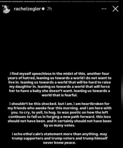 A social media post from Rachel Zegler about Donald Trump and his supporters
