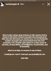 A social media post from Rachel Zegler about Donald Trump and his supporters