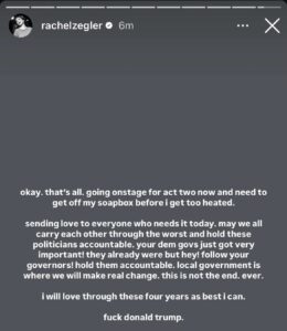 A social media post from Rachel Zegler about Donald Trump and his supporters