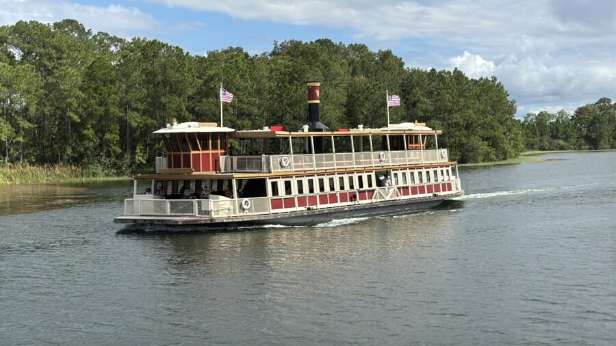 A ferry boat in Disney World crossing the Seven Seas Lagoon