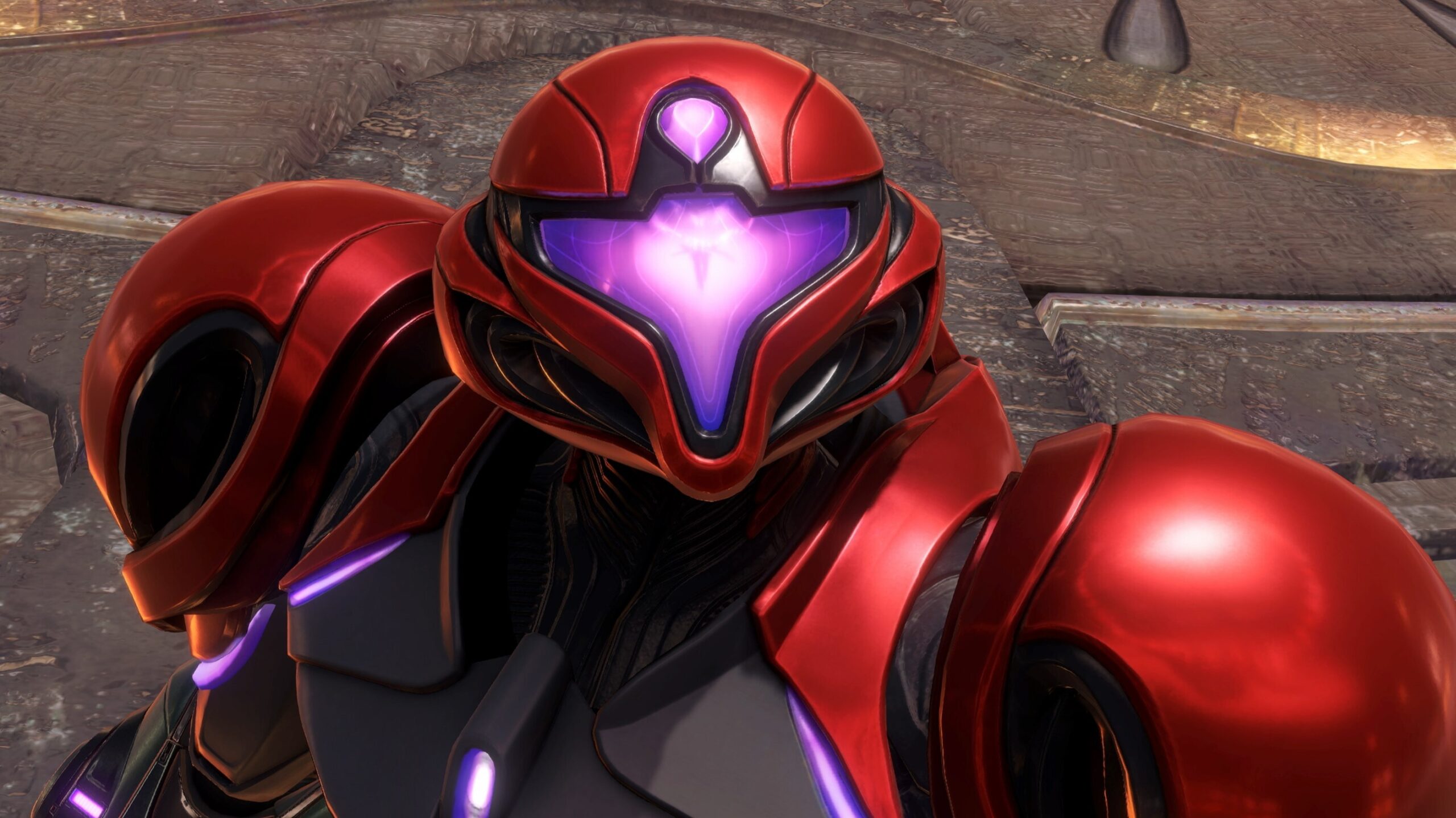 Close up of Samus in Metroid Prime 4
