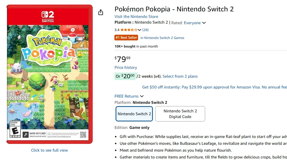 Amazon Listing for Pokopia physical edition