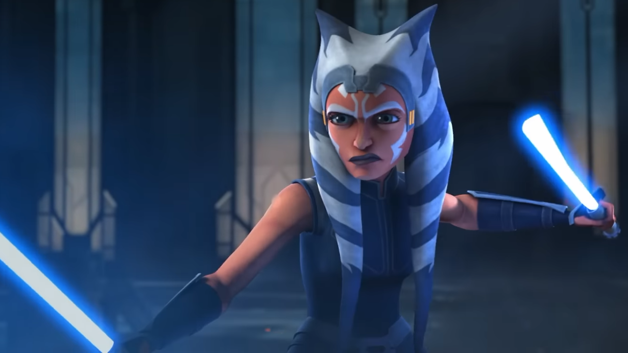 Ahsoka Tano with dual lightsabers in fighting stance