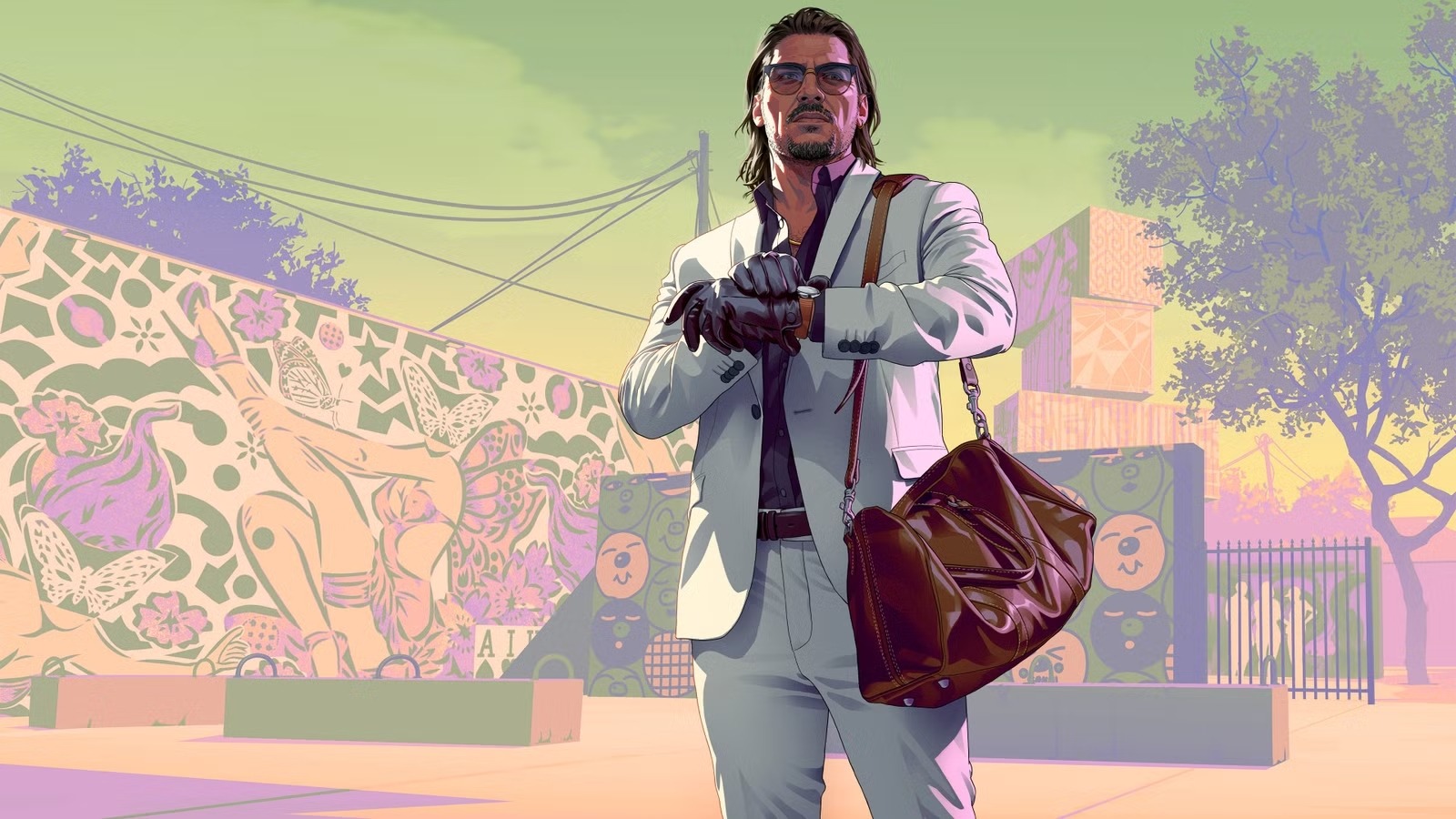A man in a video game holding a large leather bag