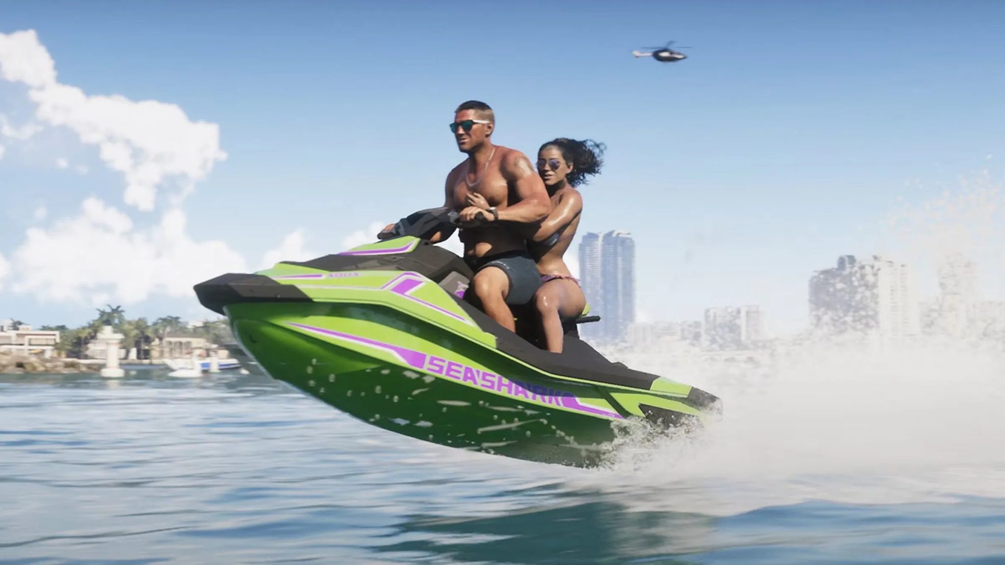 A man and a woman in a video game riding a jetski