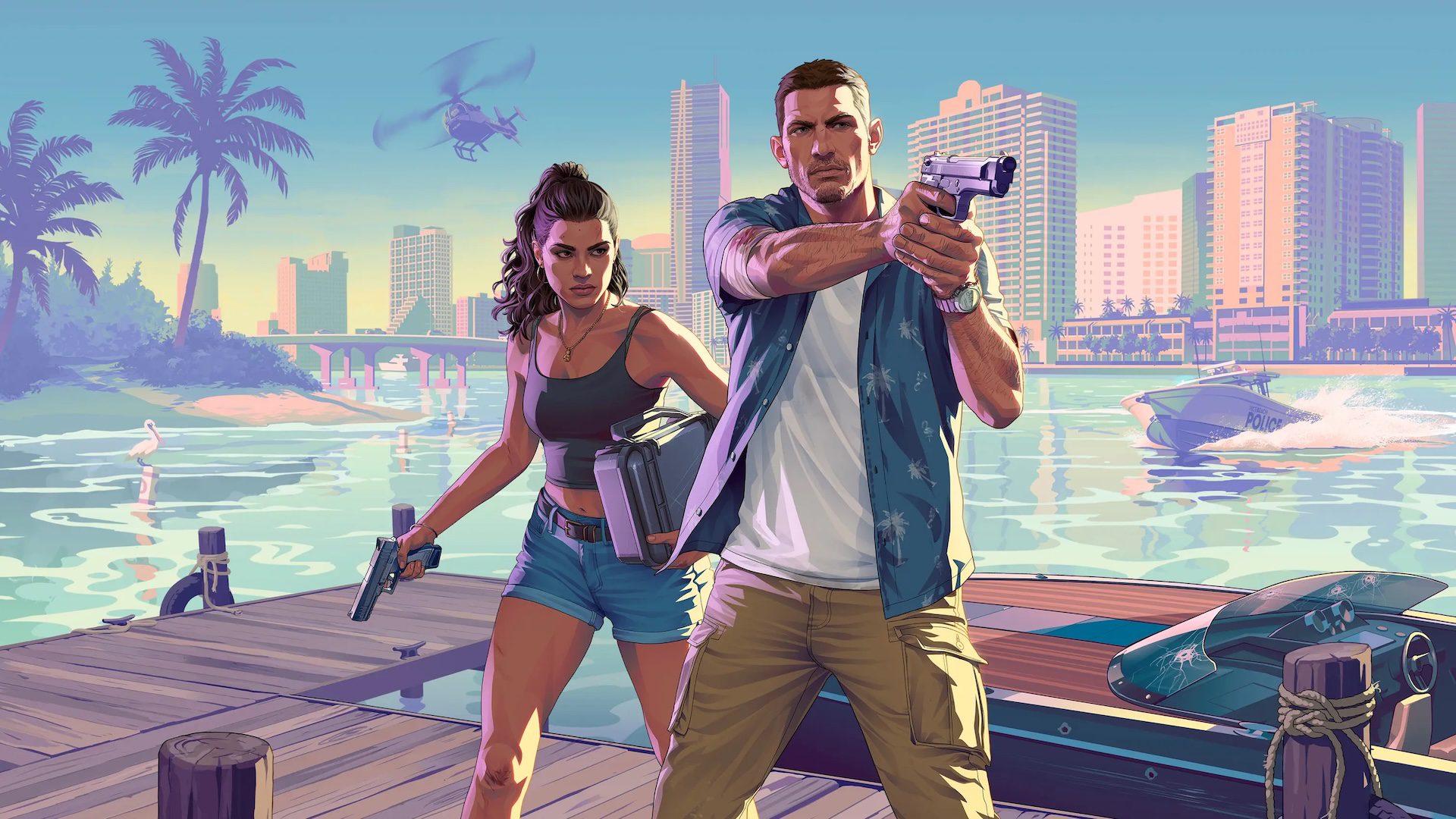 A man and a woman in a video game holding guns in a Miami-like city