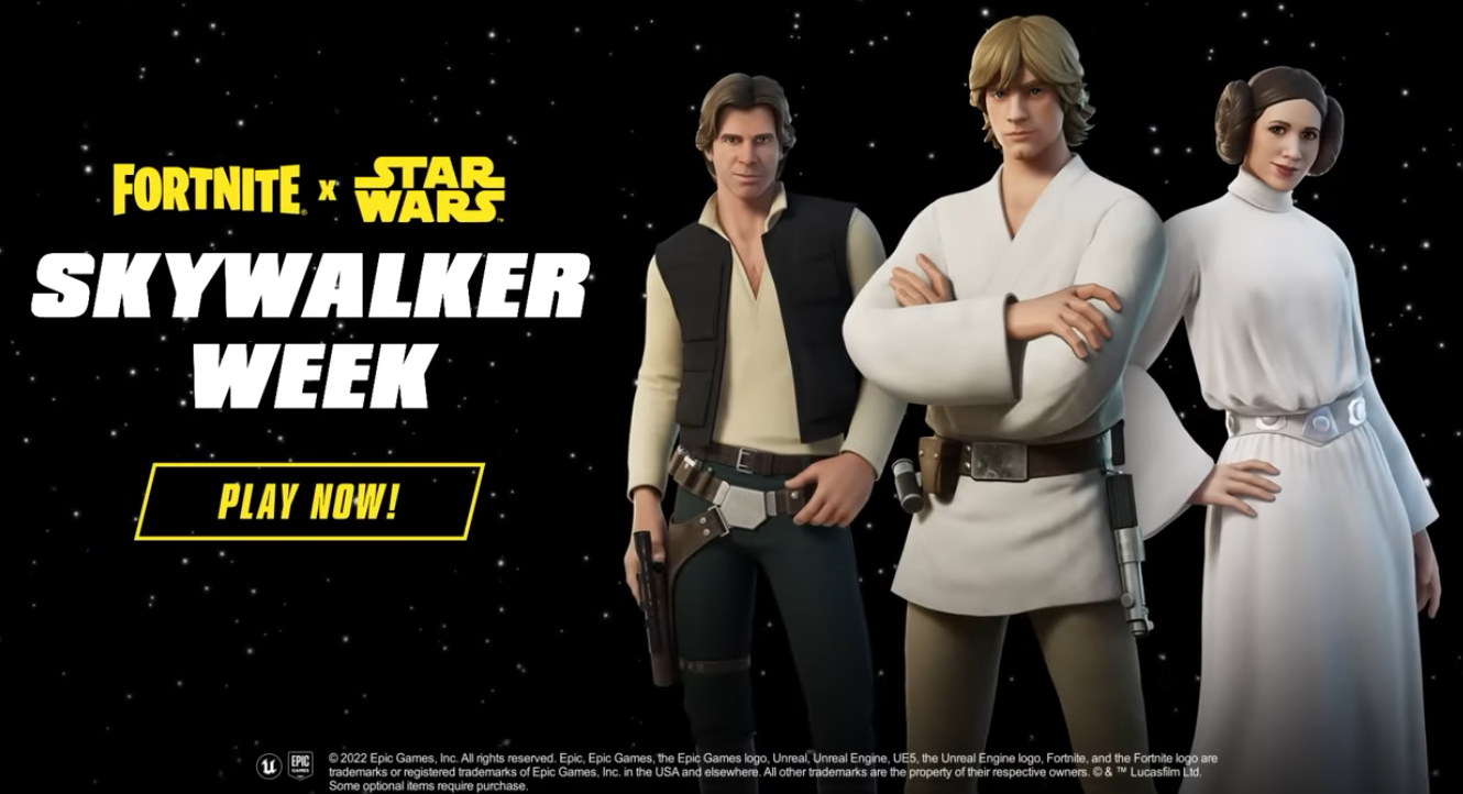 Fortnite Promotional for Skywalker Week, featuring skins for Han Solo, Luke Skywalker, and Princess Leia