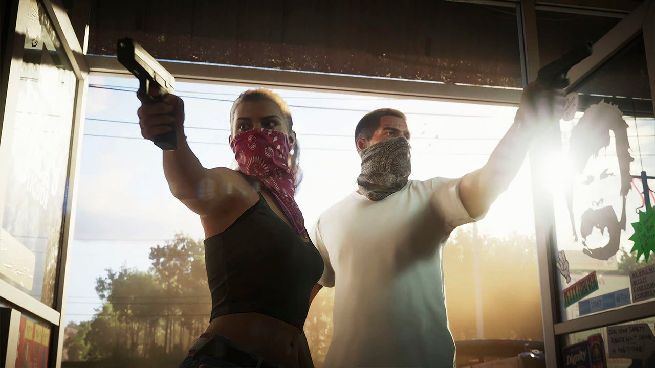 A masked man and woman in a video game committing a robbery
