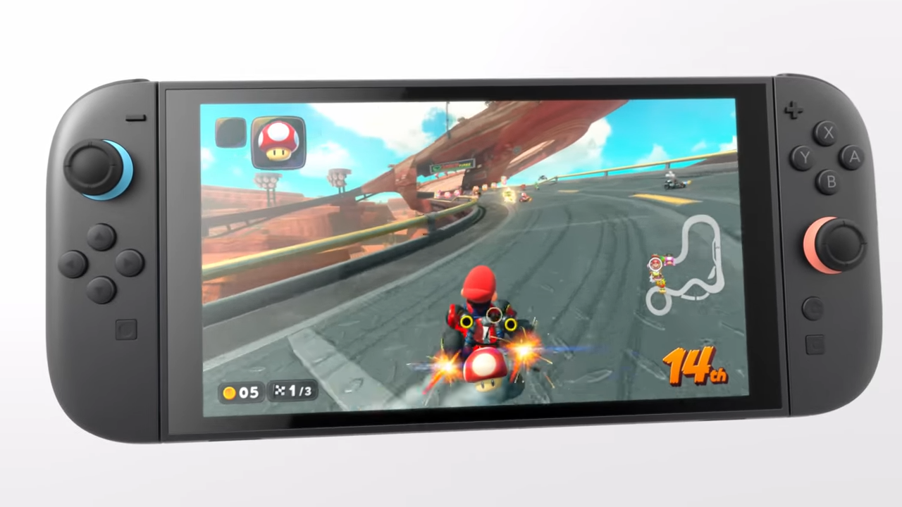 A handheld video game system with a racing game on the screen