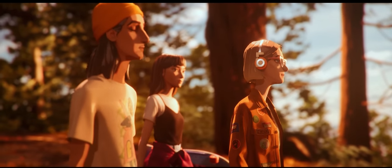 Three video game characters walk through the woods looking calm