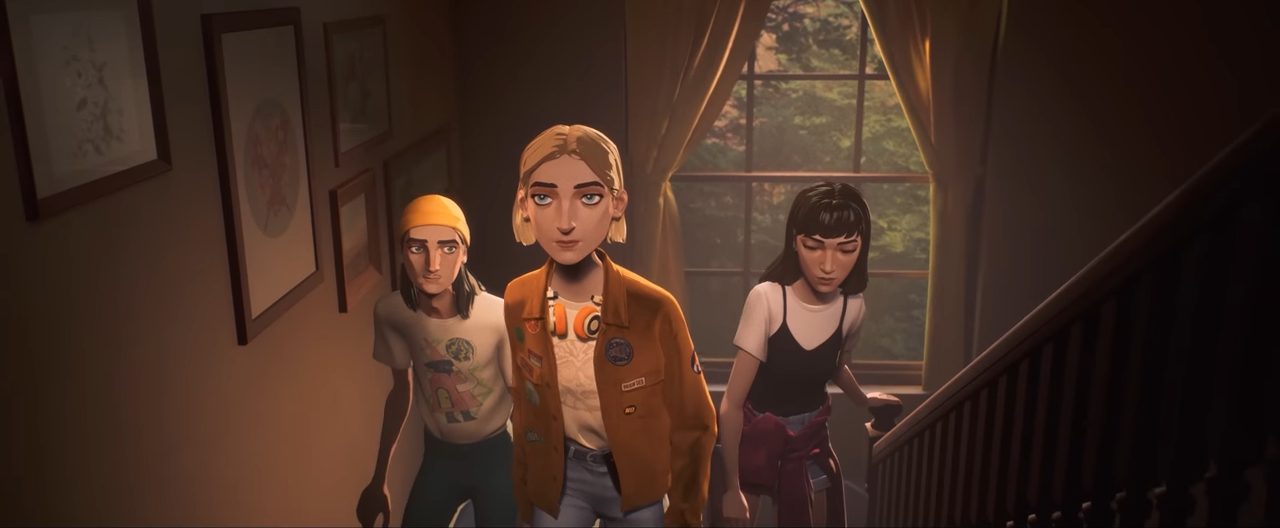 Three video game characters walking through an old house