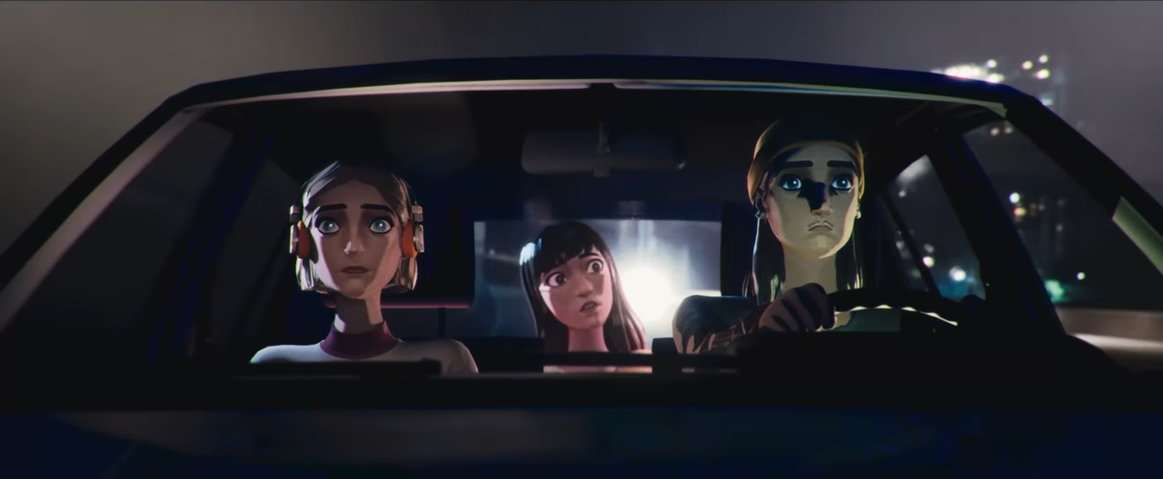 Looking through the windshield of a car at night. Three video game characters sit, with headlights shining behind them