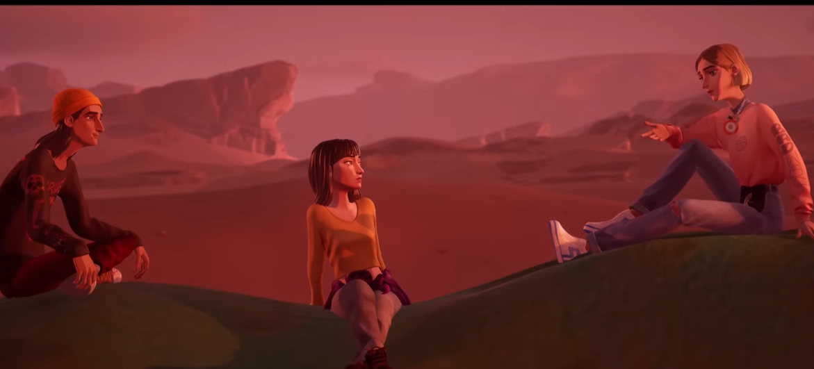 Video game scene with girl seated between two boys in the evening. The sense is calm and serene