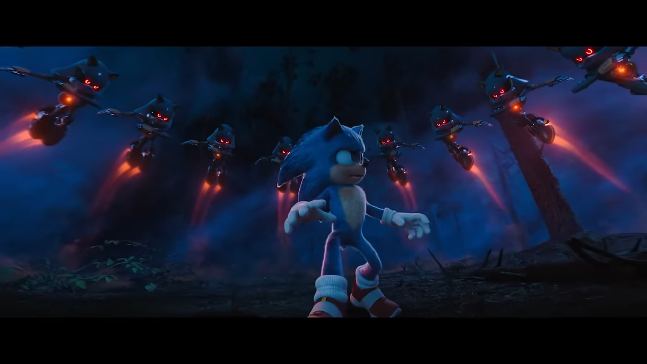 A cartoon hedgehog stands in a dark forest surrounded by flying robot hedgehogs