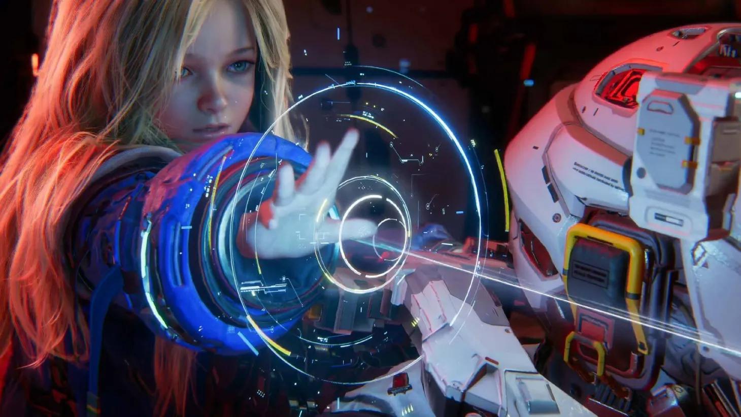 A young girl in a video game holds out her hand as magical lights circle around her arm