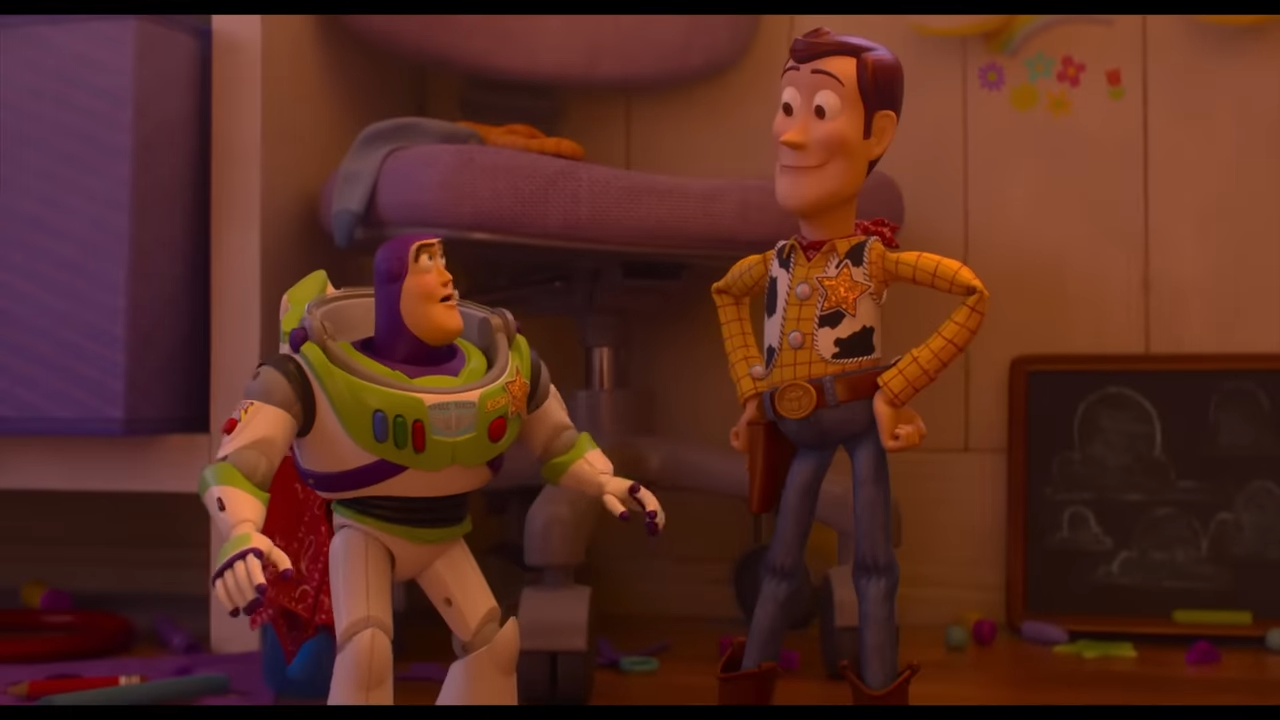 Buzz Lightyear looks in shock at a smug Woody