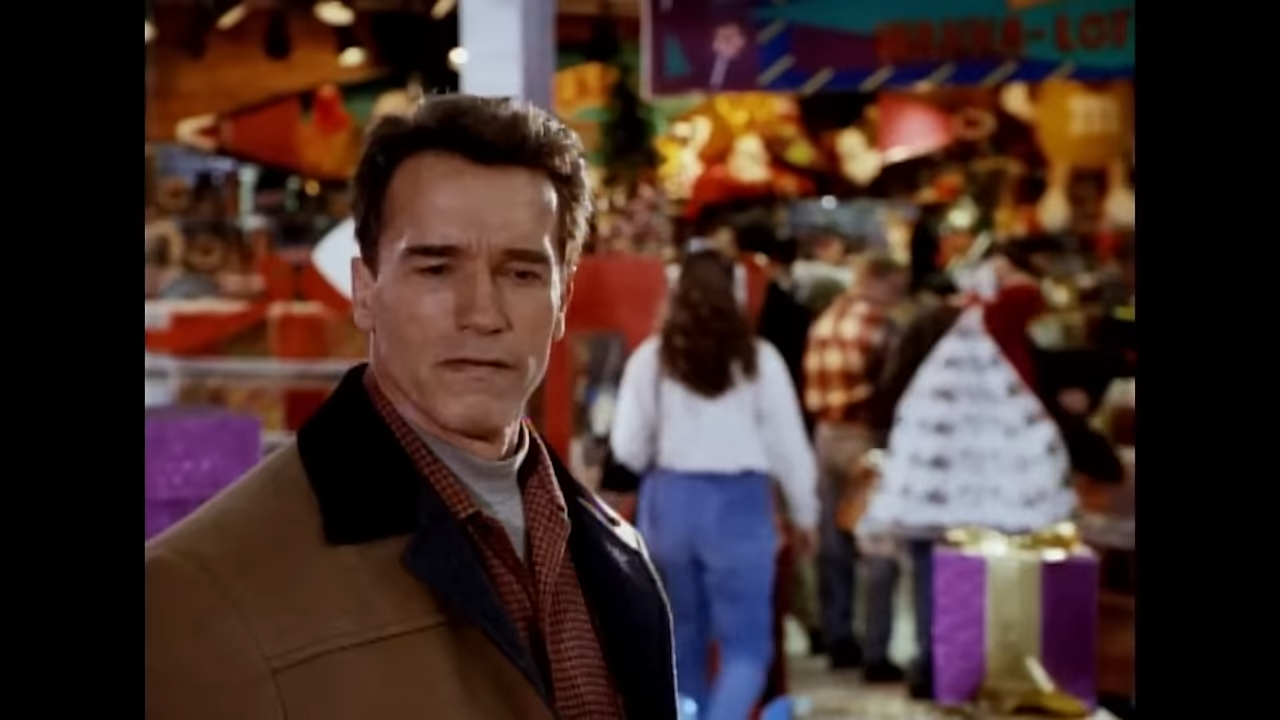 A man glowers in a crowded store at Christmas