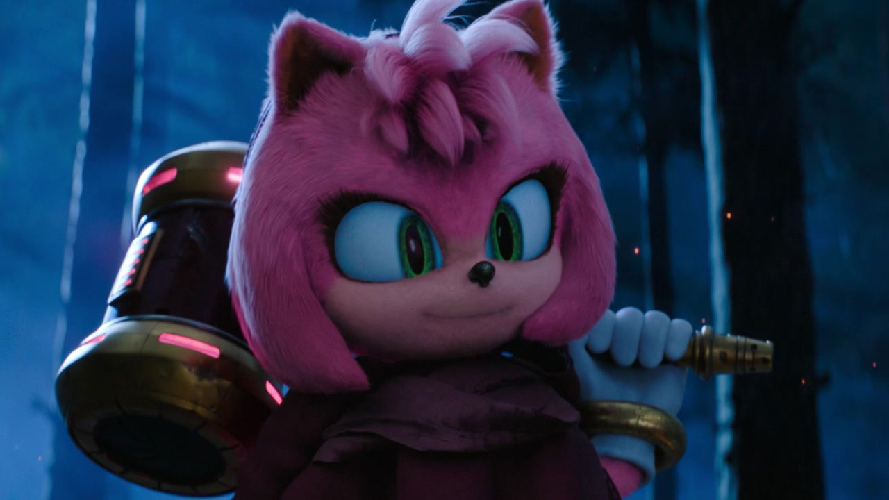 A cartoon hedgehog girl holds a large hammer over her shoulder