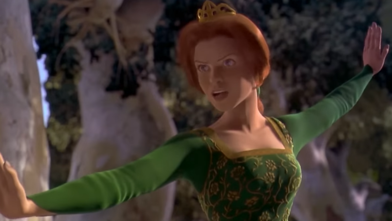 Princess Fiona in a green dress and tiara in a fighting pose, from the original movie