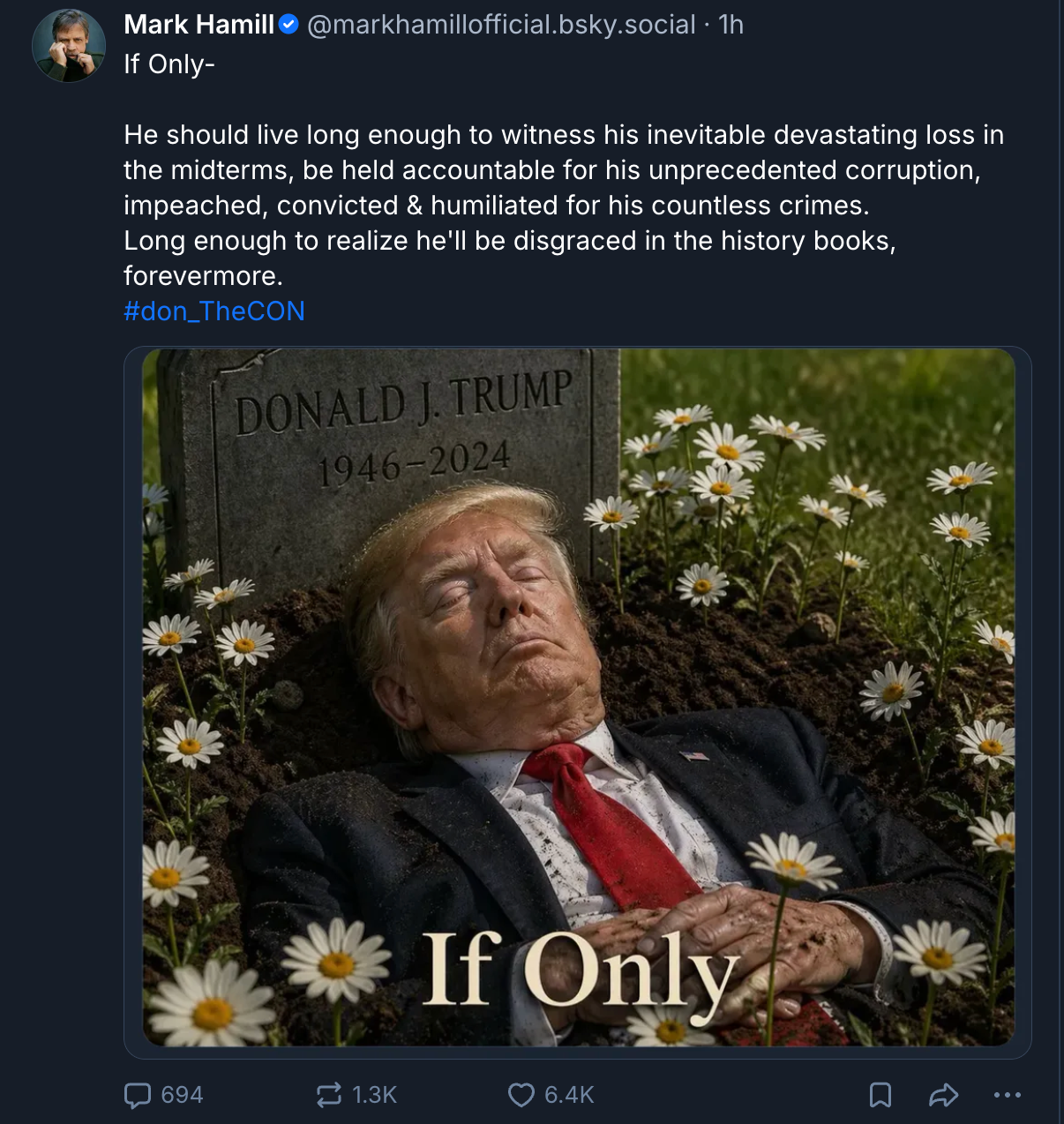 A post by Mark Hamill that shows President Trump dead