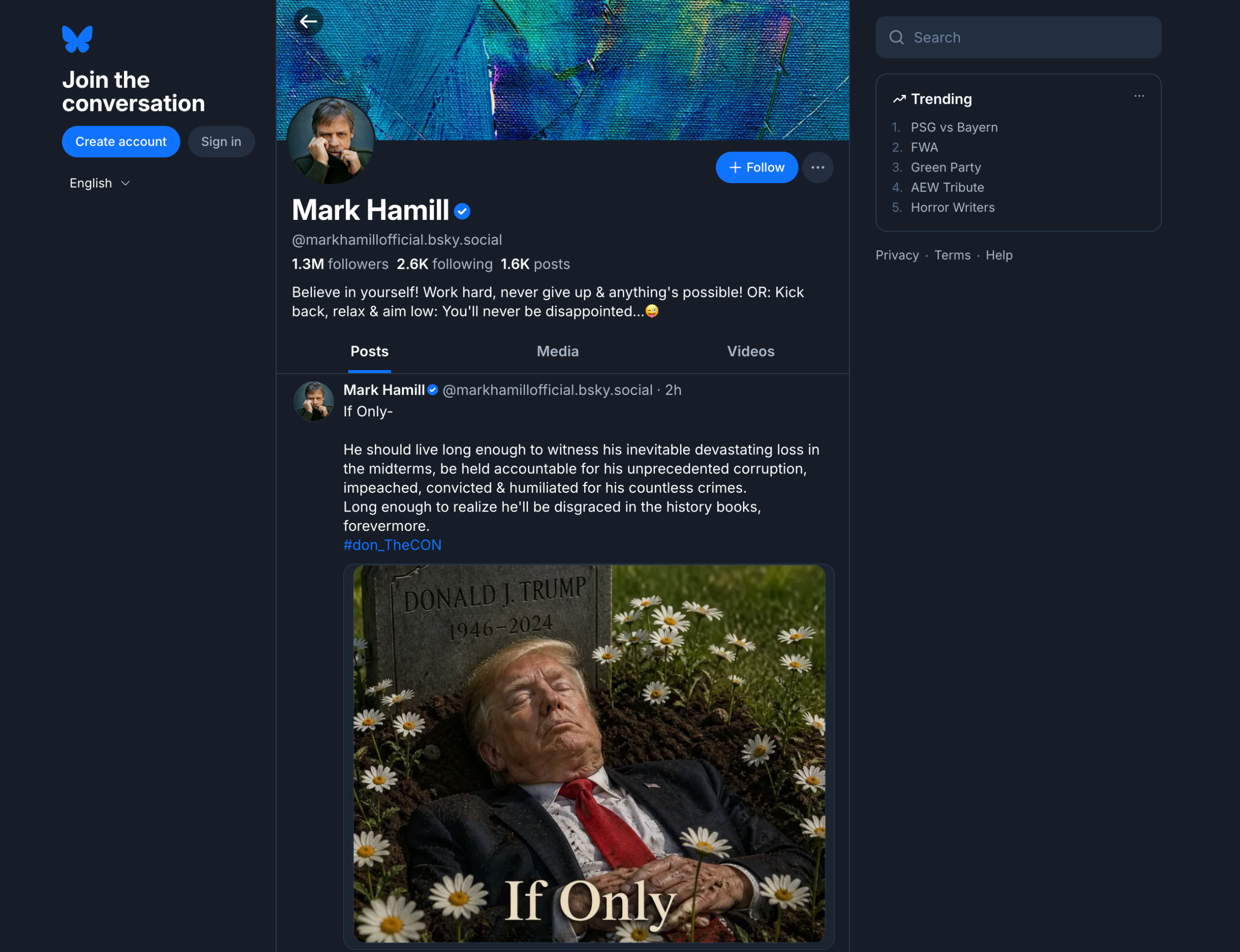 Mark Hamill's Bluesky page with a post depicting President Trump dead