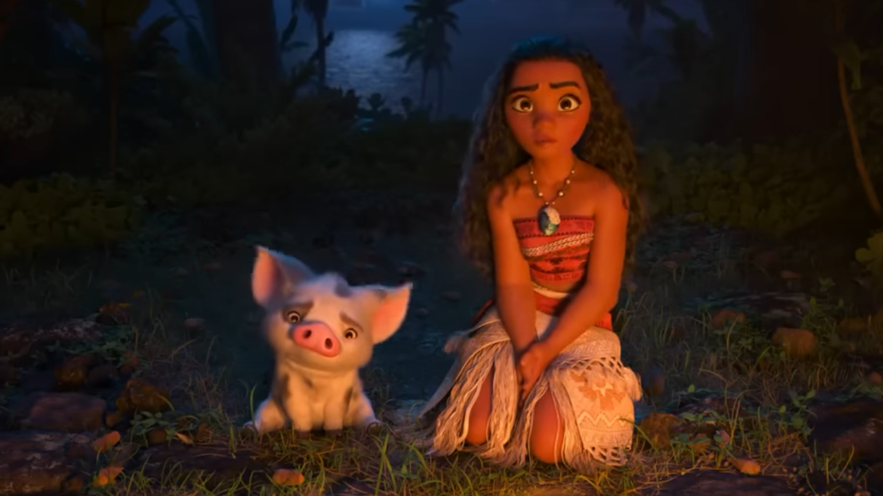 Moana and Pua Moana and Pua sitting in the dark with puzzled expressions, lit by a campfire offscreen