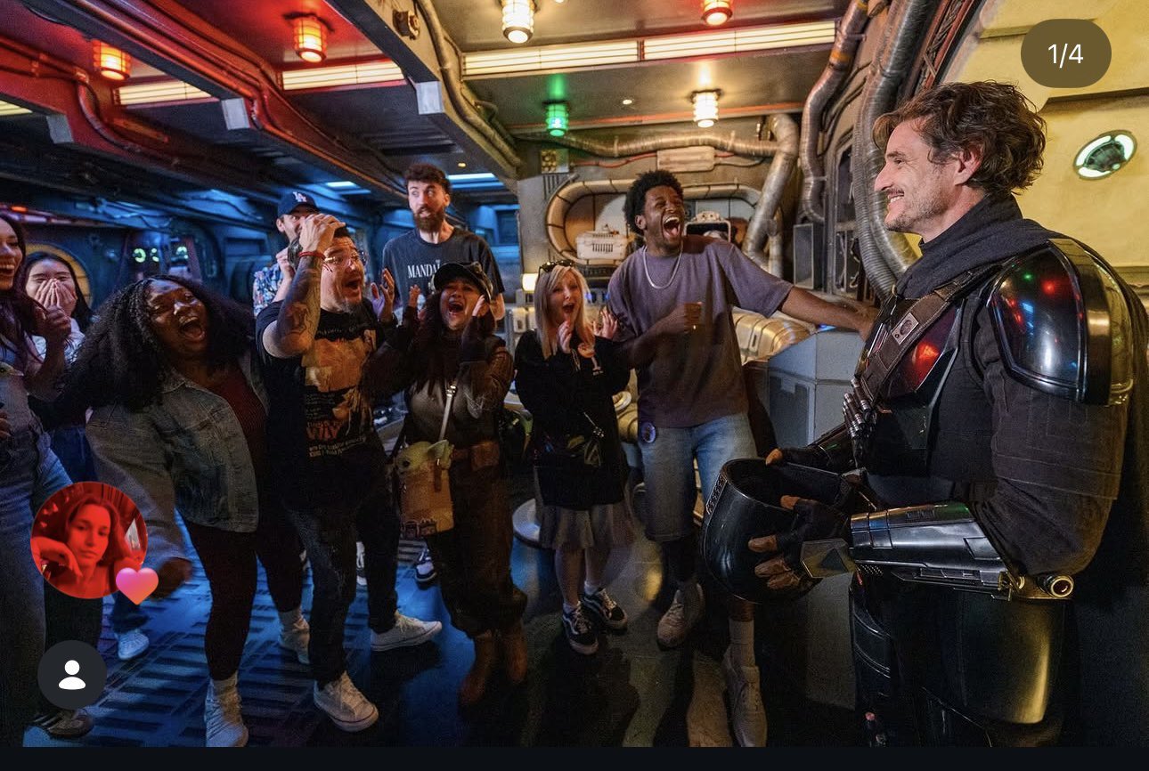Pedro Pascal greeting social media influencers at Disneyland