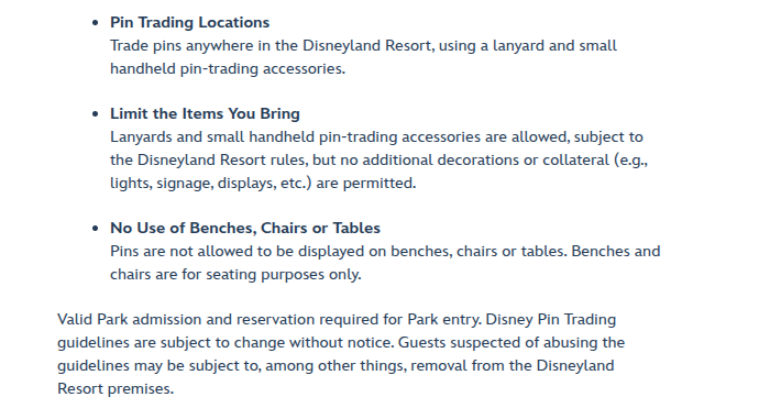 Pin Trading Rules for Disneyland, barring large displays or use of benches and tables for trading