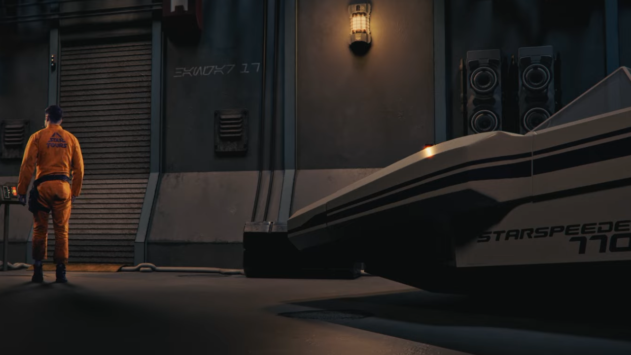 Man in Orange with "Star Tours" written walks away from spacecraft