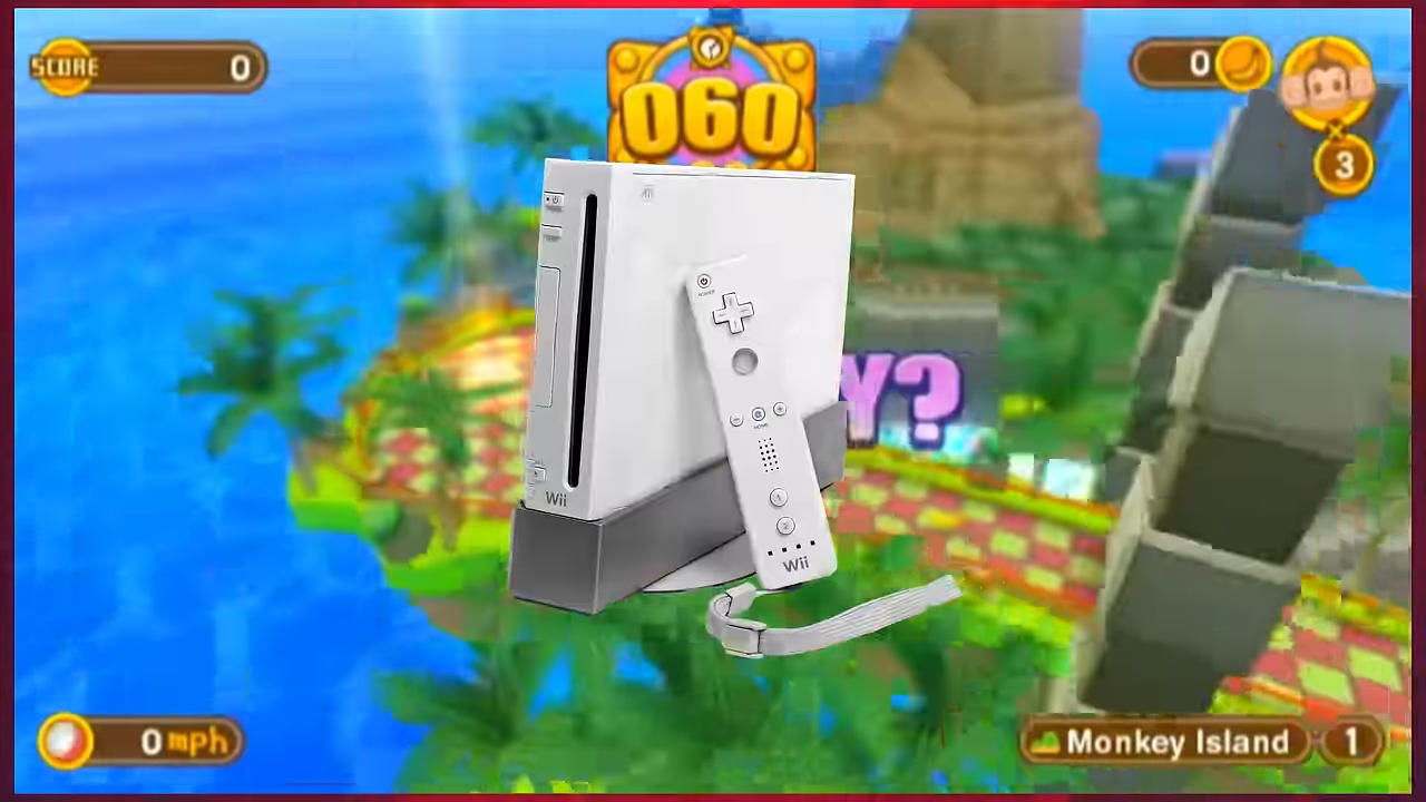 A video game console and controller in front of a cartoon island background