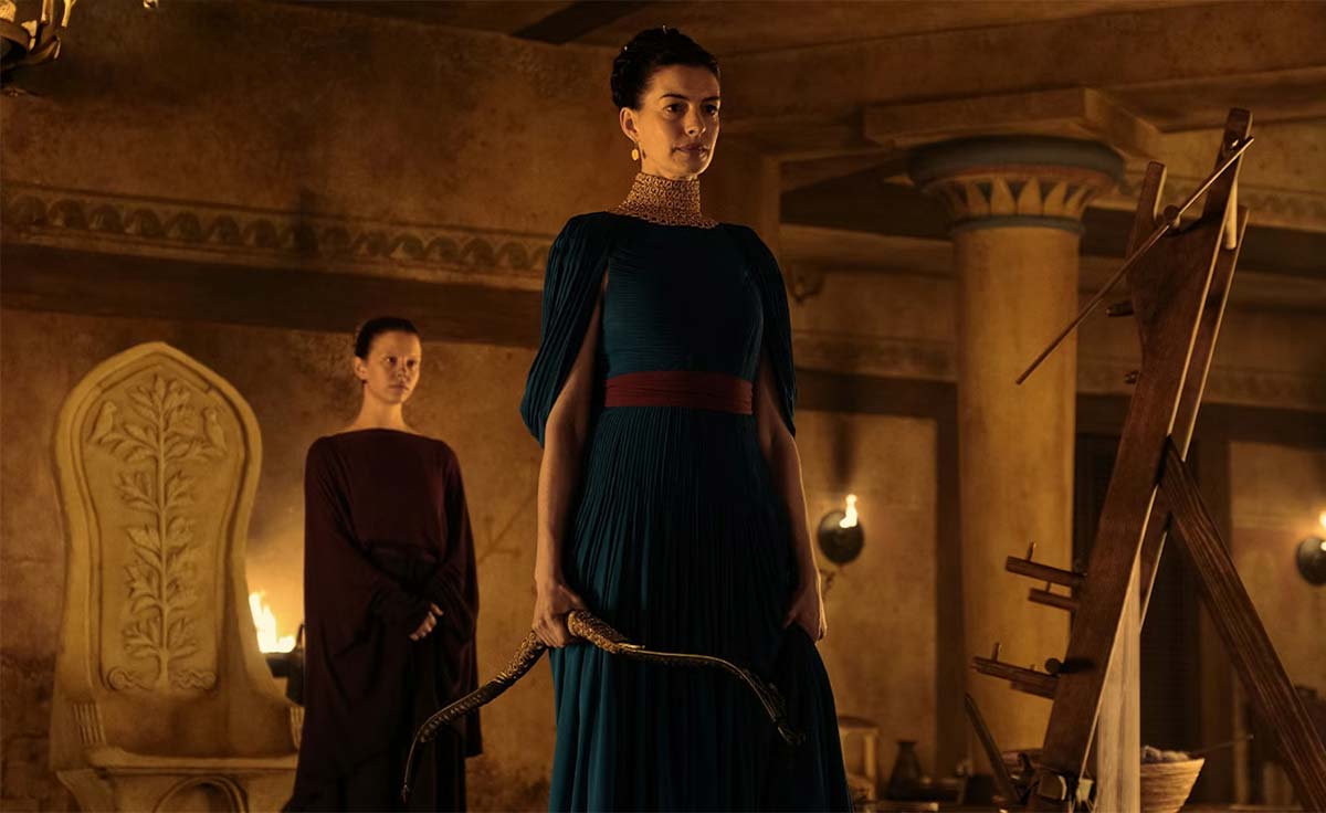 Mia Goth as Melantho and Anne Hathaway as Penelope in the trailer for The Odyssey