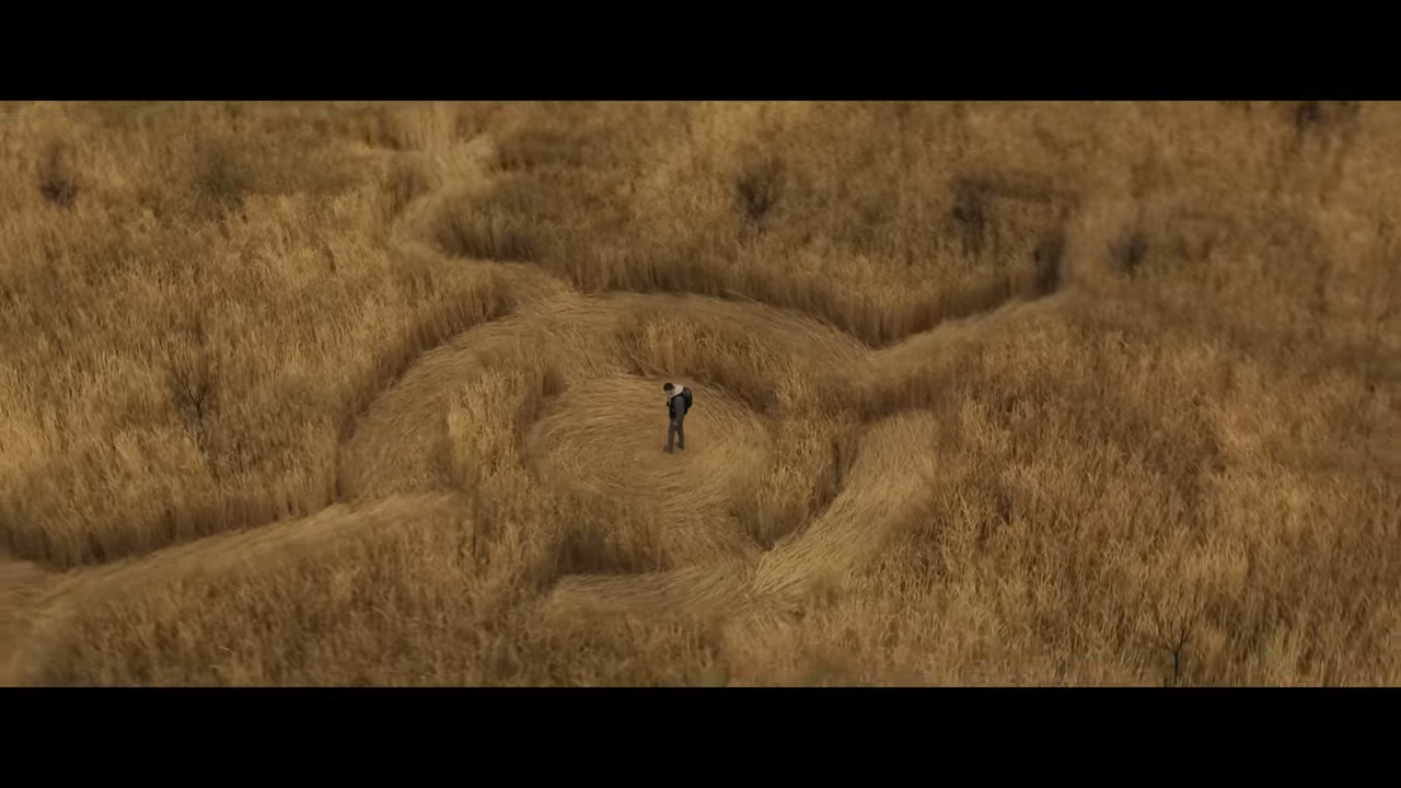 A man stands in a wheat field surround by a crop circle