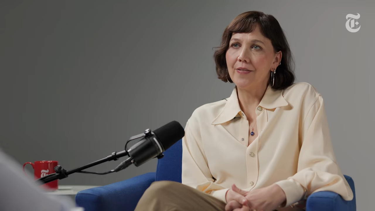 (325) Maggie Gyllenhaal on Envy, Rage and Reaching Out to Her Brother The Interview 00-00-08 A woman with bobbed hair smiles thoughtfully during an interview