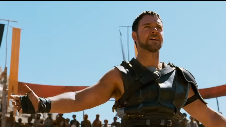 A gladiator calls out to the crowd