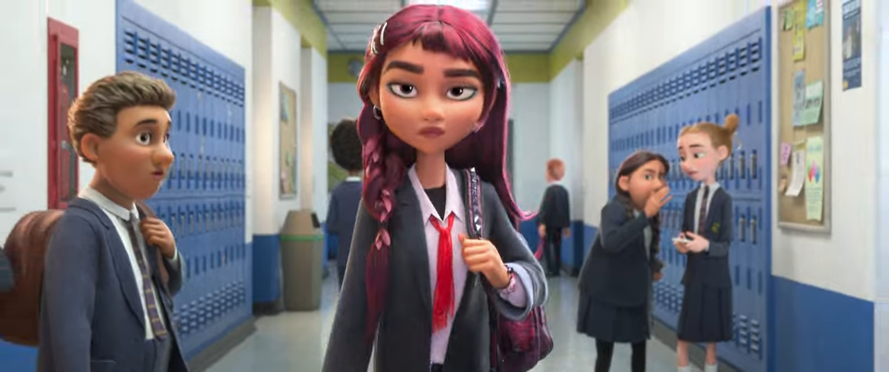A cartoon girl with a surly expression walks through a school hallway receiving alarmed looks from her classmates