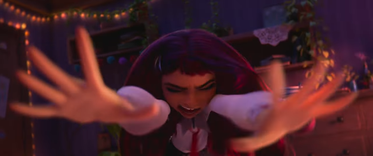 A cartoon girl bows her head and spreads her fingers in attempt to use magic