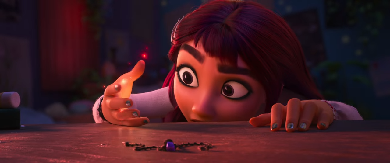 (388) Hexed Teaser Trailer 00-00-56 A cartoon girl with her chin on a table looks in wonder at her hand, which seems to be throwing sparks