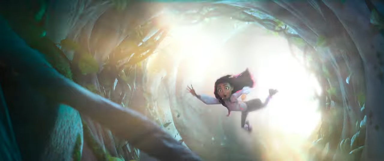 A cartoon girl being dragged through a magical portal