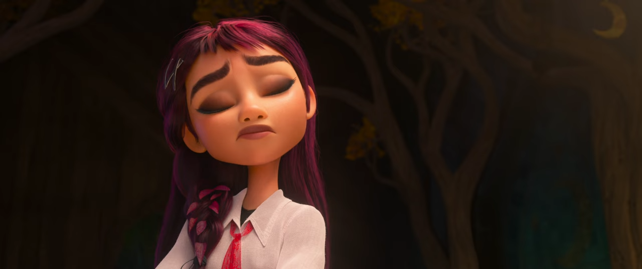 A cartoon girl looking smug