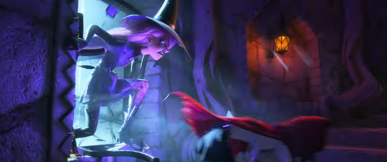 A cartoon witch leans threateningly in a window