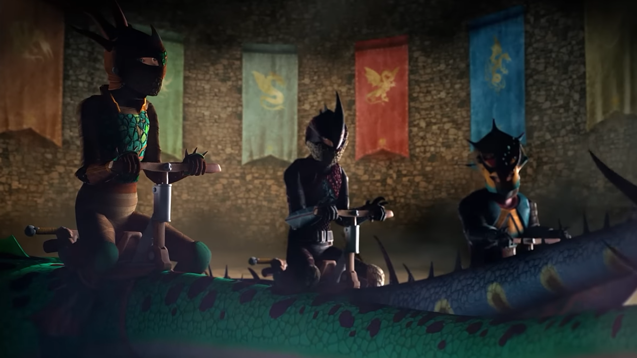 Three armored dragone riders with dragon tails visible