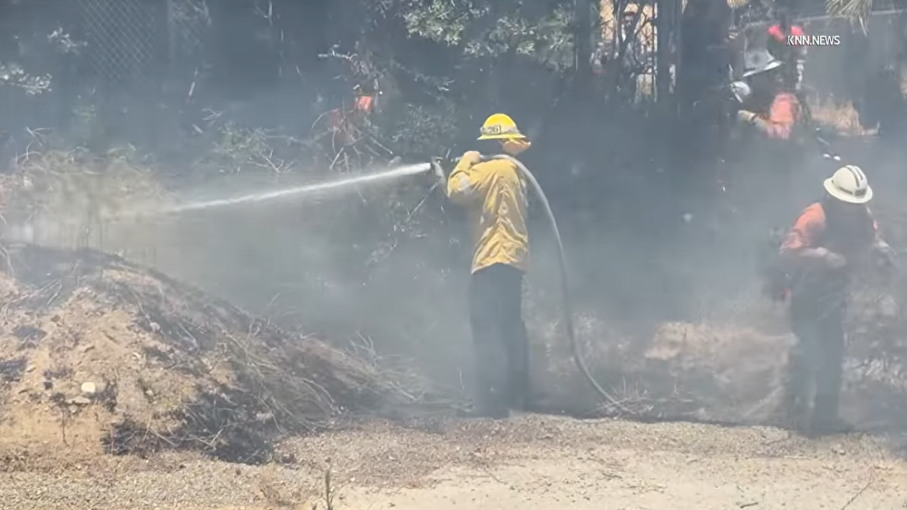 Firefighters working amidst smoke to put out brush fire