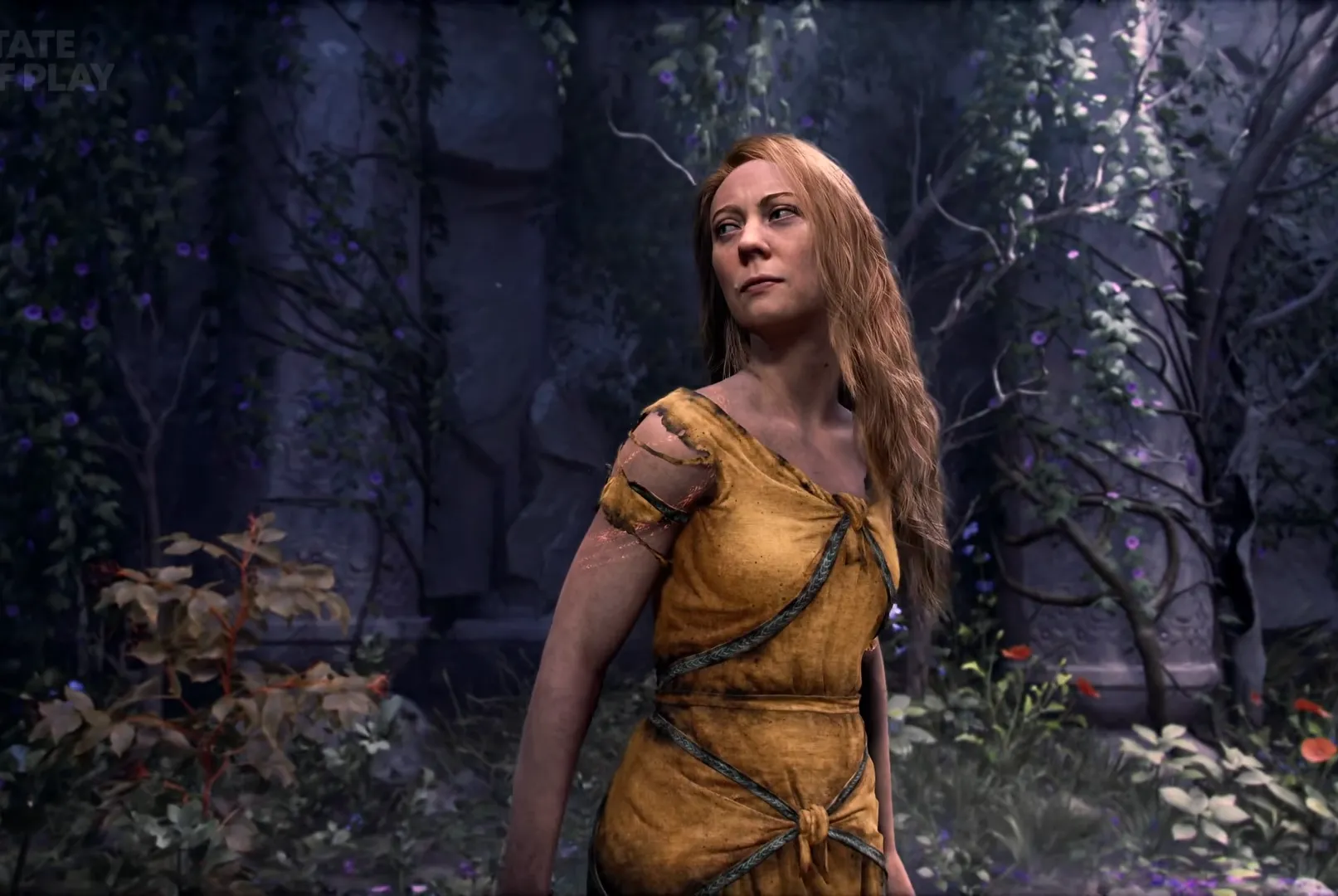 Faye in a yellow dress in God of War Laufey