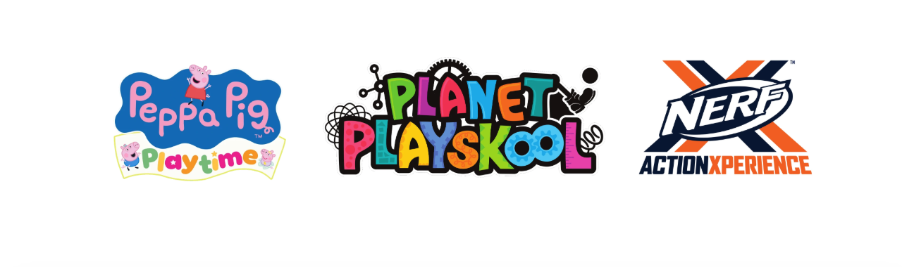 Logos for the Peppa Pig Playtime, Planet Playschool, and NERF Action Xperience