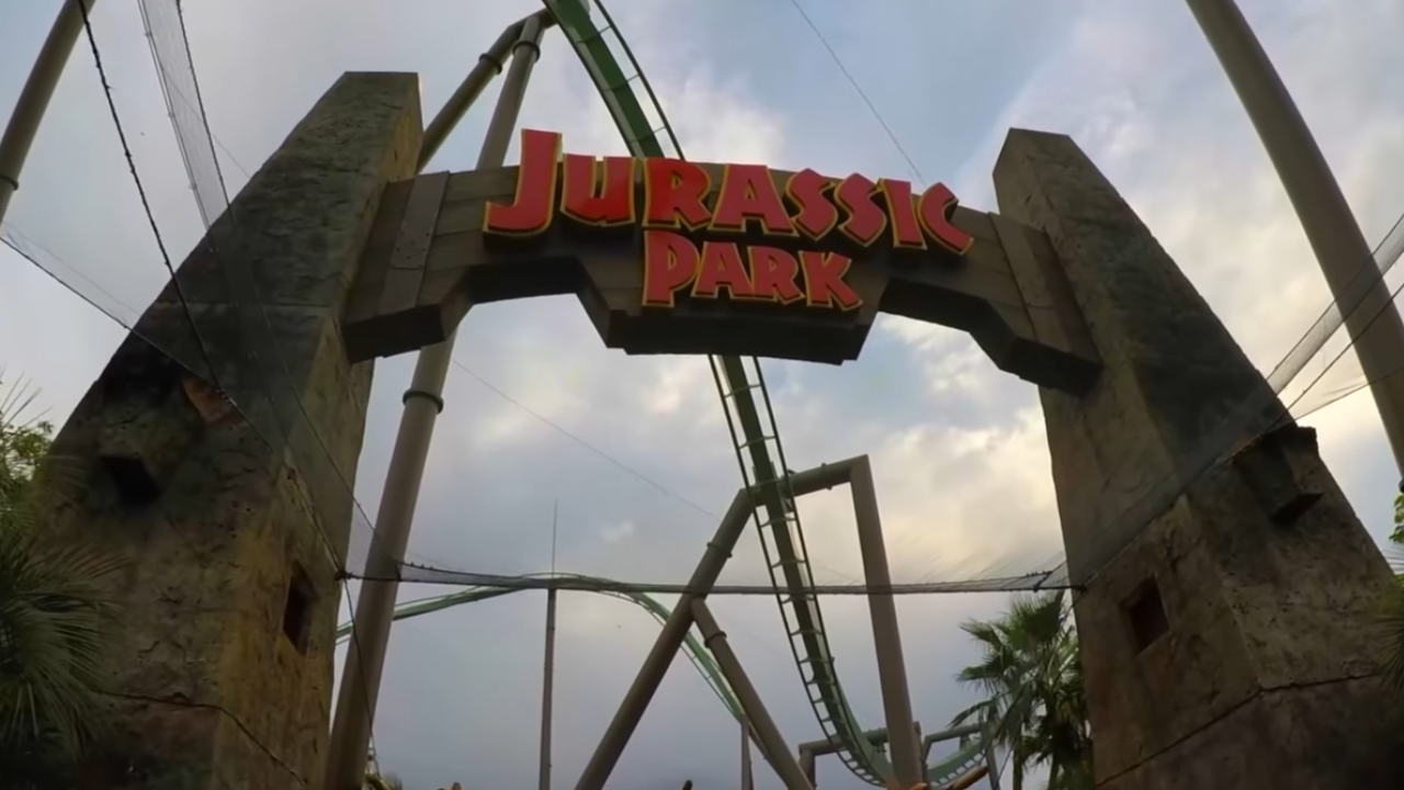 Large Arch with roller coaster track behind
