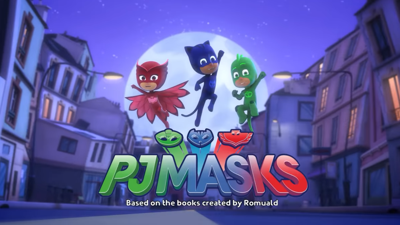 Nighttime city street with animated superhero kids