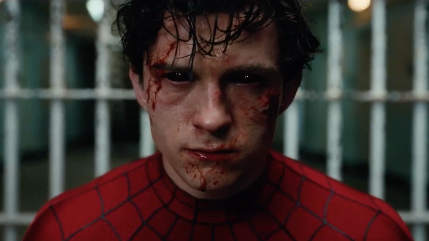 Spider-Man with his mask off, eyes totally black
