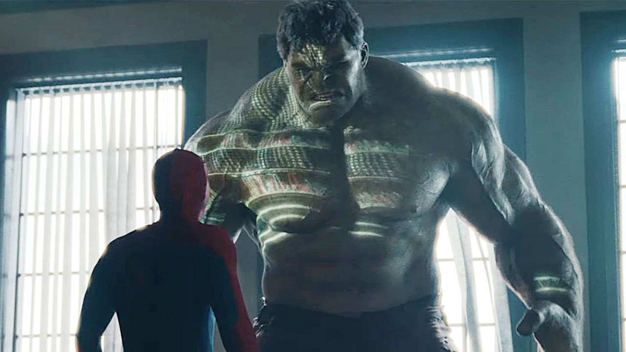 Spider-Man-Hulk Spider-Man looks up the angry Hulk