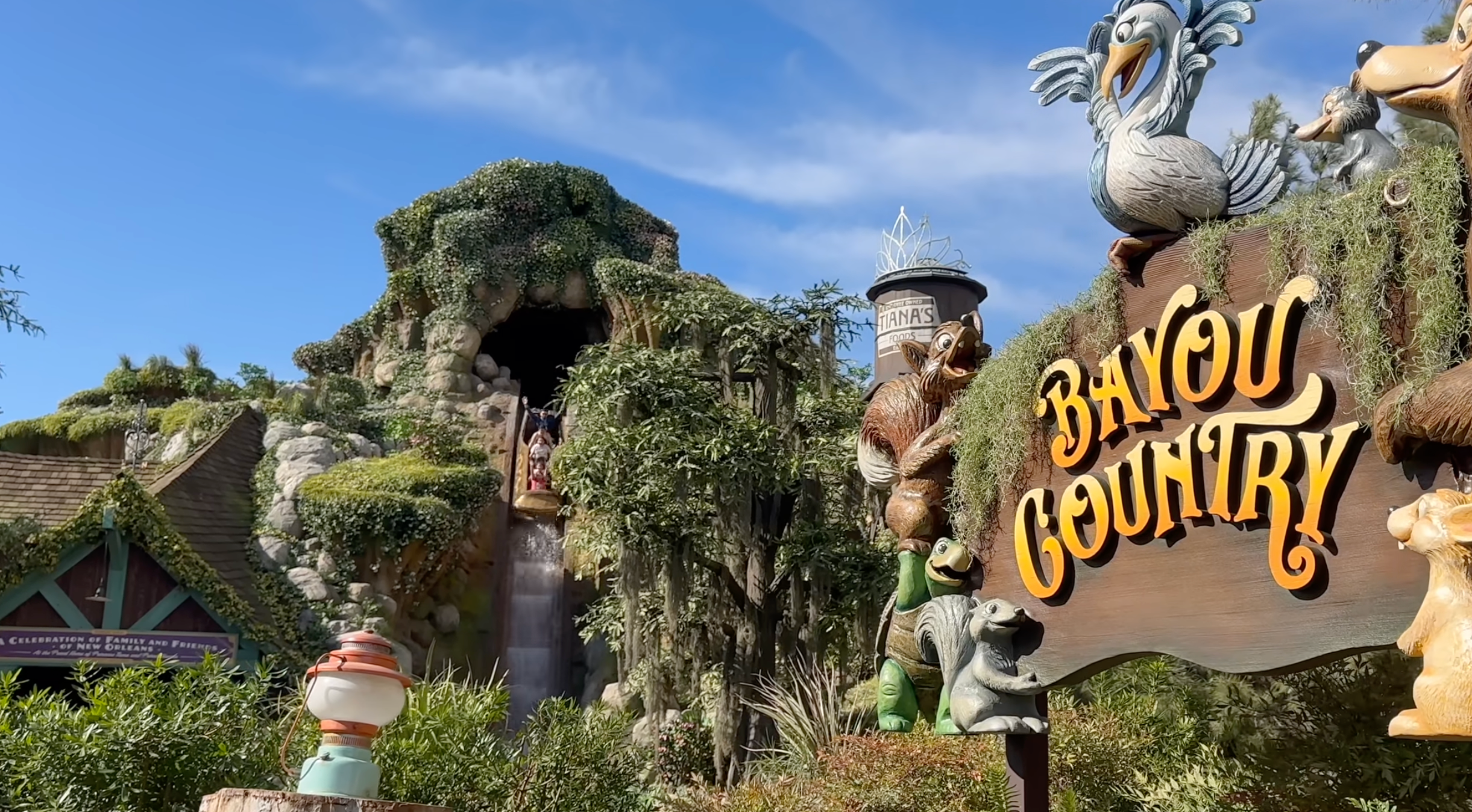 Tiana's Bayou Adventure in Disneyland with Bayou Country sign
